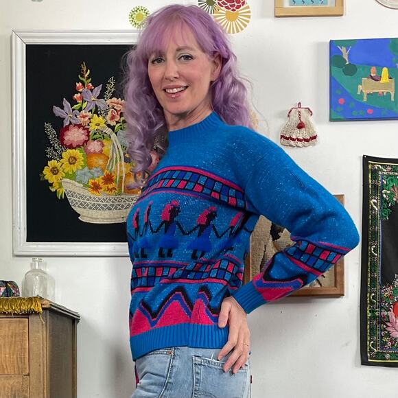 Vintage Metallic Novelty Sweater, 1980s Paper Doll Lady Pullover, Sz L-XL - Picture 4 of 12